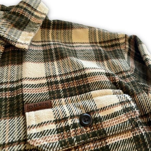 Orvis Plaid Flannel Button Shirt Men Cotton Green Brown Check Soft Heavy Medium - Picture 2 of 9